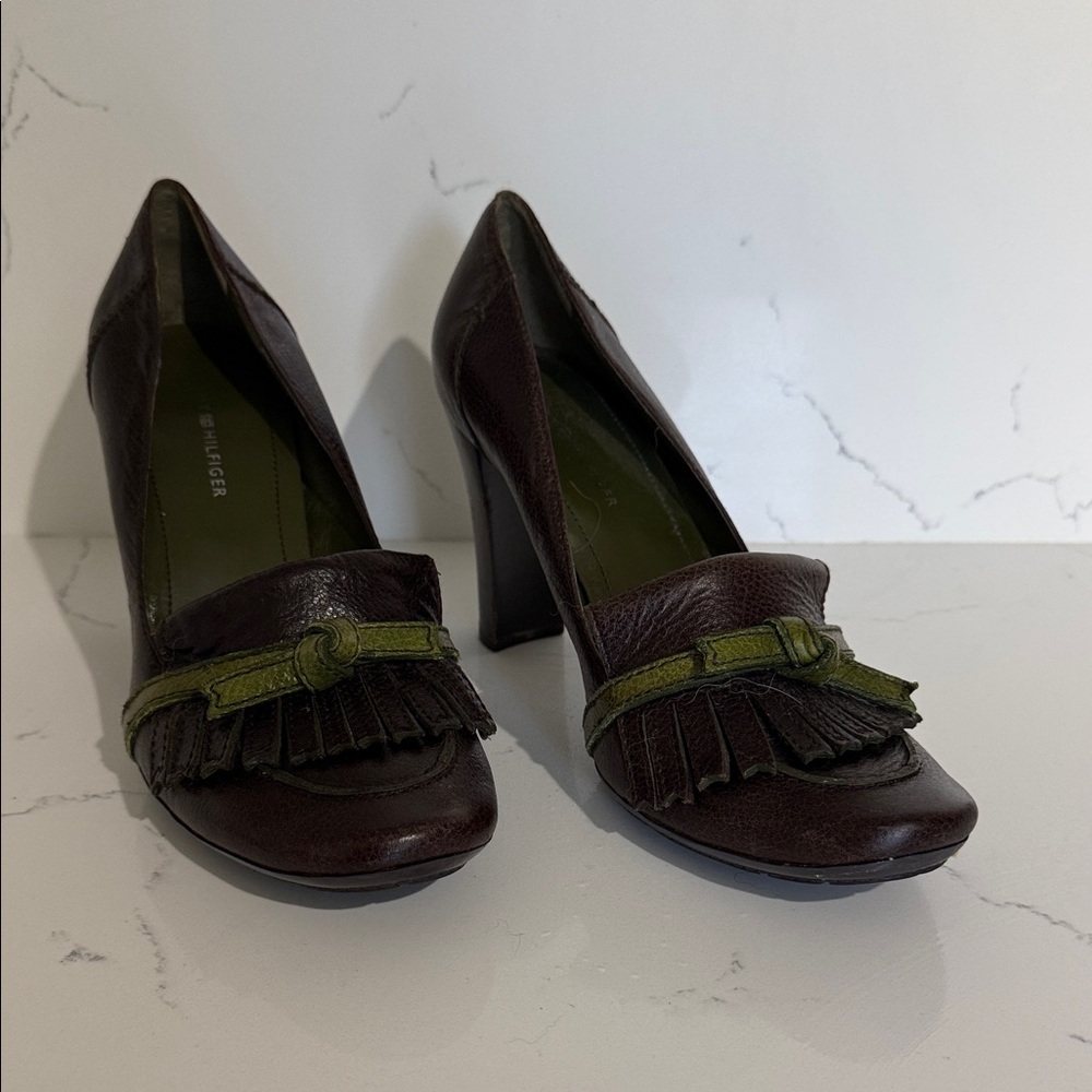 Tommy Hilfiger Dark Brown Leather Fringe Heels with Olive Accent